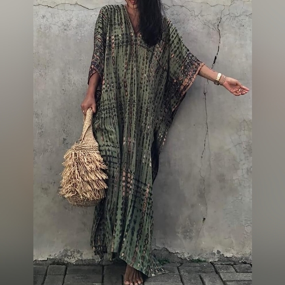 Olive Green Tie Dye Hippie Boho Kaftan Long Flowy 70s Maxi Dress Bohemian Caftan - Picture 2 of 9
